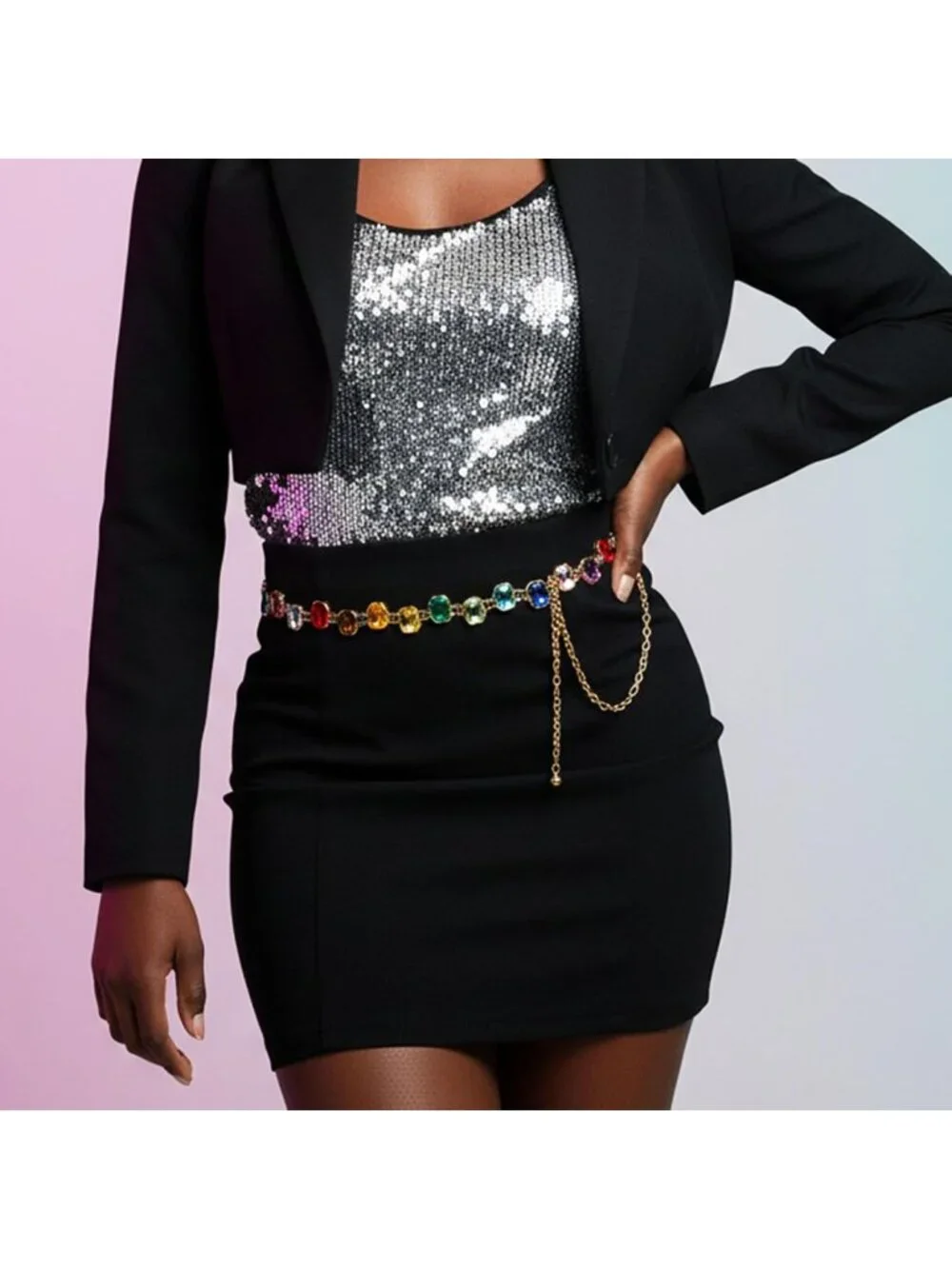 Colorful Rainbow Rhinestone Waist Chain Belt - Stylish Gold Jewelry for Women